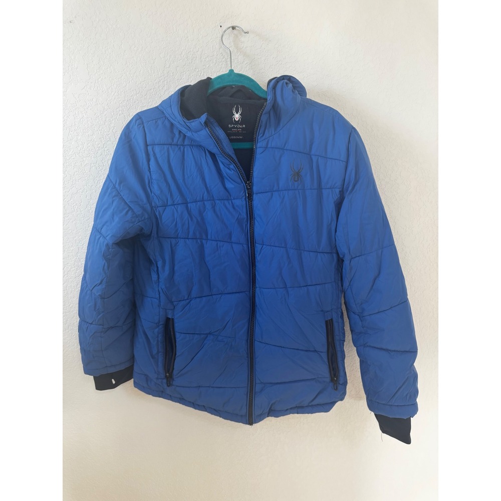 Spyder Boys Puffer Jacket Blue Hooded Full Zip Winter Ski Snow Size Large 14 16